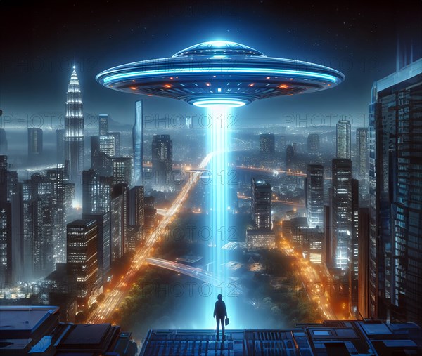 An alien UFO, a flying saucer, flies over the skyline of a metropolis on planet Earth, AI generated, AI generated