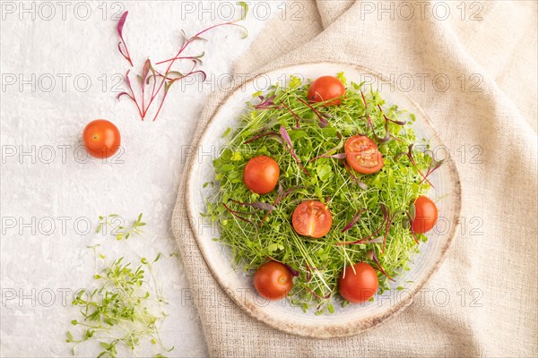 Vegetarian vegetables salad of tomatoes, celery, onion microgreen sprouts on gray concrete background and linen textile. Top view, flat lay, close up