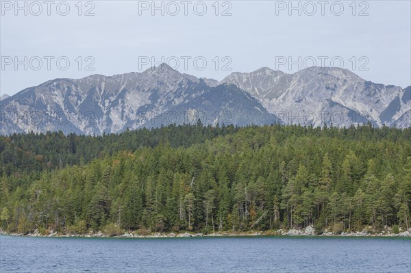 Eibsee lake with Ammergau Alps, Grainau, Werdenfelser Land, Upper Bavaria, Bavaria, Germany, Europe