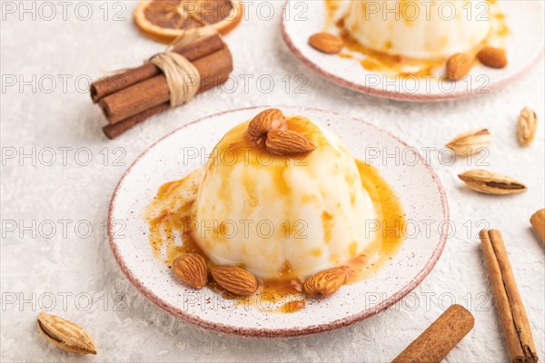 White milk jelly with caramel sauce on gray concrete background. side view, close up