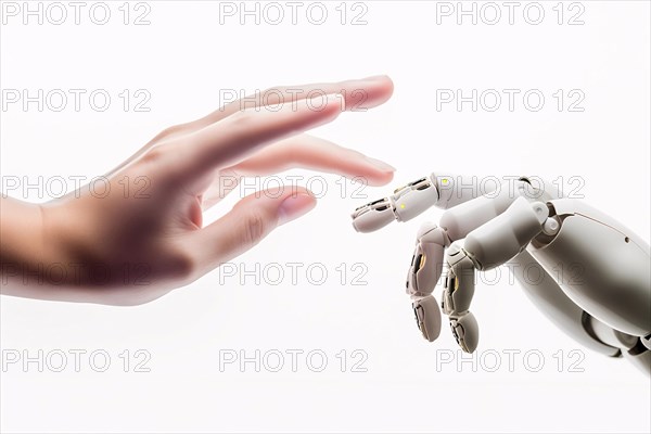 Human hand and artificial intelligence android hand touching, AI generated