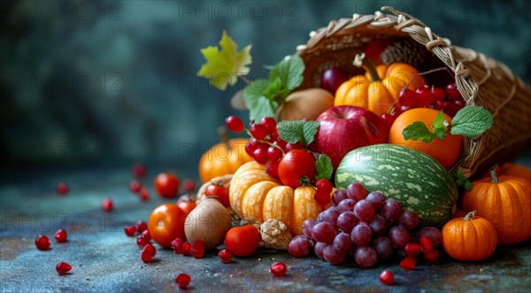 A rich fall display of fruits and vegetables with pumpkins and watermelon, framed by autumn leaves, AI generated