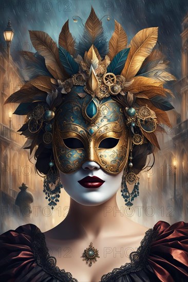 Mysterious atmosphere with a woman in a richly adorned masquerade mask and gothic attire ready for mardi grass celebration in venice, italy ai generated, AI generated