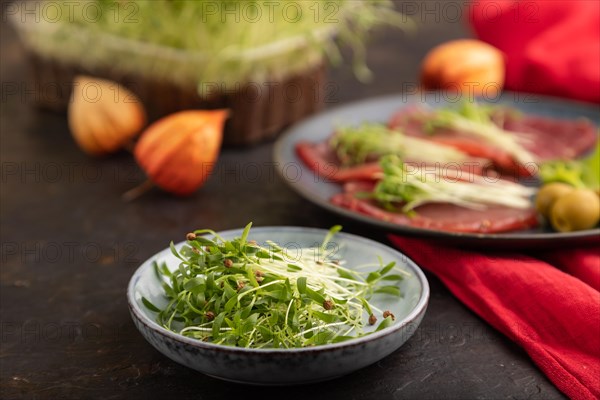 Slices of smoked salted meat with cilantro microgreen on black concrete background and red textile. Side view, close up, selective focus