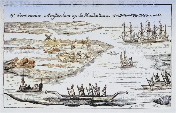 Fort and settlement of New Amsterdam on Manhattan Island in the 1620s. From American Pictures Drawn With Pen And Pencil by Rev Samuel Manning c. 1880, United States, America, Historic, digitally restored reproduction from a 19th century original, Record date not stated, North America