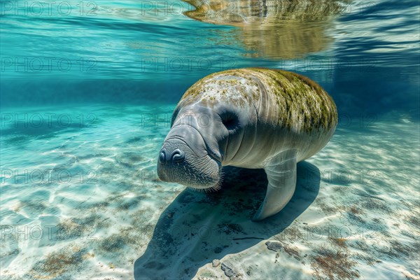 A manatee (Trichechus manatus) swims serenely in clear blue water, surrounded by natural beauty, AI generated, AI generated