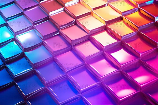 Array of 3D cubes illuminated with vibrant gradients of blue, pink, and orange lights creating a mesmerizing pattern and texture. Ideal for backgrounds, wallpapers or abstract designs, AI generated