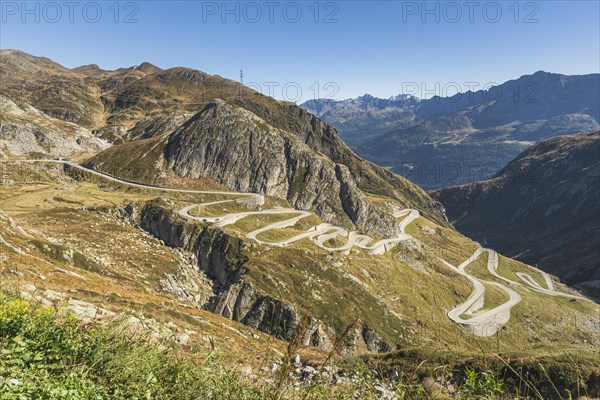 Gotthard Pass, view of the old pass road in Val Tremola, alpine mountain road with numerous hairpin bends, southern ramp, Canton Ticino, Switzerland, Europe