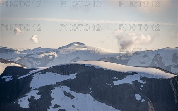 Mountain peak with Jostedalsbreen glacier, view from the summit of Skala, Loen, Norway, Europe