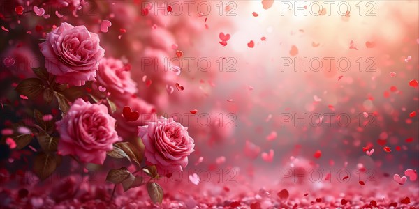 Pink roses with heart-shaped bokeh and petals, symbolizing romance, AI generate, AI generated