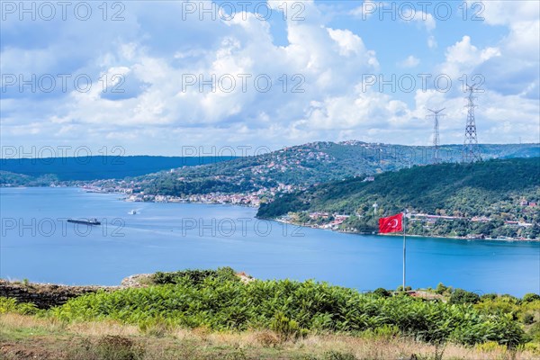 Bosporus Strait seen from hillside with ships and city buildings in background in Istanbul, Tuerkiye