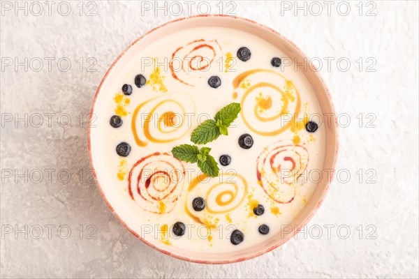 Yoghurt with bilberry and caramel in ceramic bowl on gray concrete background. top view, flat lay, close up