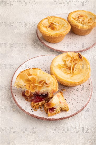 Traditional portuguese cakes pasteis de nata, custard small pies with almonds on gray concrete background. Side view, close up