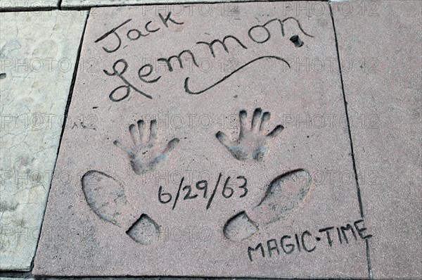 Handprints and footprints of JACK LEMMON, Hollywood Boulevard, Los Angeles, California, USA, North America