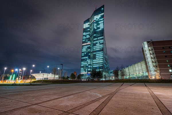The lights of the European Central Bank (ECB) shine in the evening, European Central Bank, Frankfurt am Main, Hesse, Germany, Europe