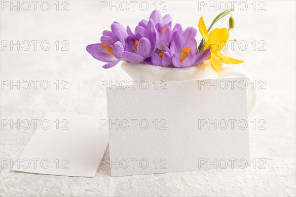 White paper business card mockup with spring snowdrop crocus and galanthus flowers on gray concrete background. Blank, business card, side view, copy space, still life. spring concept