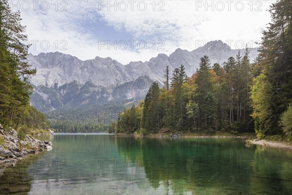 Zugspitze massif and Zugspitze with Eibsee lake, Wetterstein mountains, Grainau, Werdenfelser Land, Upper Bavaria, Bavaria, Germany, Europe