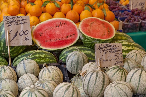 Market stall with melons and oranges, weekly market market, Catania, Sicily, Italy, Europe