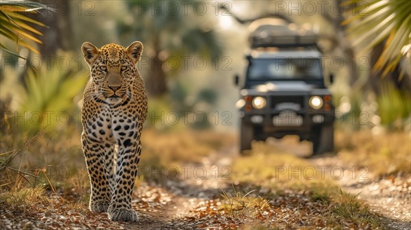 Leopard (Panthera pardus) in natural environment with Jeep, Landrover, AI generated