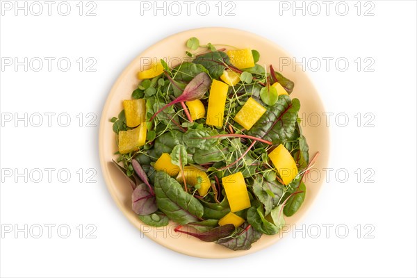 Vegetarian vegetables salad of yellow pepper, beet microgreen sprouts isolated on white background. Top view, flat lay, close up