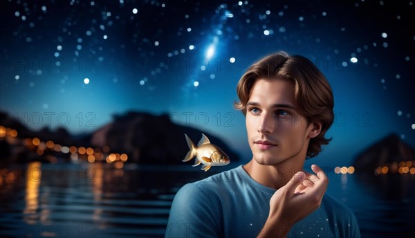 A young man Pisces according to the zodiac sign with brown hair and blue eyes with a fish in his hands against the background of the starry sky. interpretation of the zodiac sign in human form.AI generated