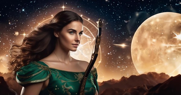Young woman Sagittarius zodiac sign with dark hair and green eyes against the background of the starry sky. interpretation of the zodiac sign in human form.AI generated