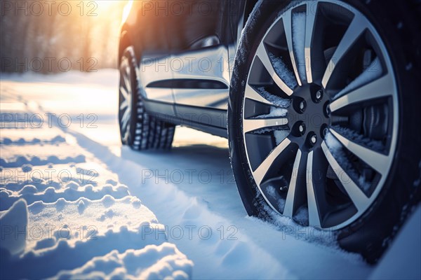 Back view of car wheels in snow. KI generiert, generiert AI generated