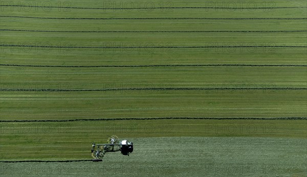 Farmer cutting grass to straight rows with tractor and large roundabout rake, drone shot, Upper Bavaria, Bavaria, Germany, Europe