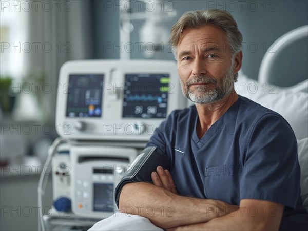 A man checks his blood pressure with a measuring device. Avoidance of bulk hypertension, scarcity, precaution, AI generated