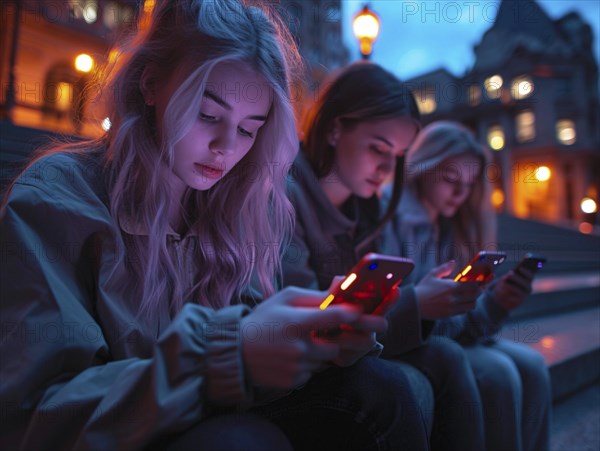Several young people look bored at their cell phones, neglect social contacts, sport, reading, AI generated