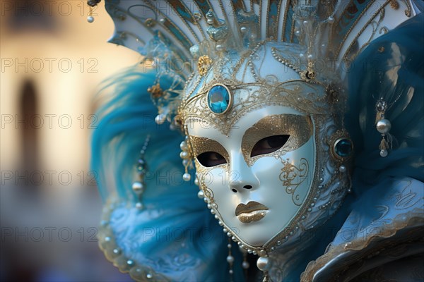 A person adorned in an elaborate and elegant costume, capturing the essence of the Venice Carnival amidst a scenic backdrop, AI generated