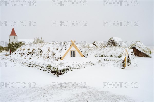 Grass sod houses, peat farm or peat museum Glaumbaer or Glaumbaer in winter, Skagafjoerour, Norourland vestra, Iceland, Europe