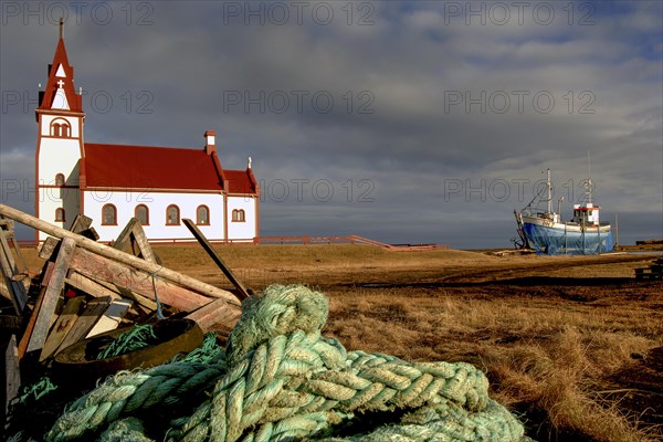 Church and ship at a shipyard, Raufarhoefn, North Iceland, Iceland, Europe