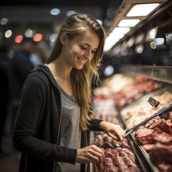 Young woman shopping in supermarket, at the cheese counter, meat counter, fruit stand, bakery, fish counter and shoe store, AI generated