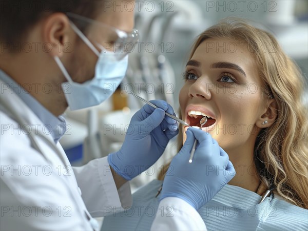 A patient is treated in a dental practice by a dentist, AI generated