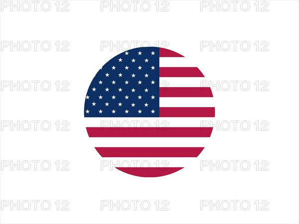 Circular design inspired by the United States flag with stars and stripes in red, white, and blue