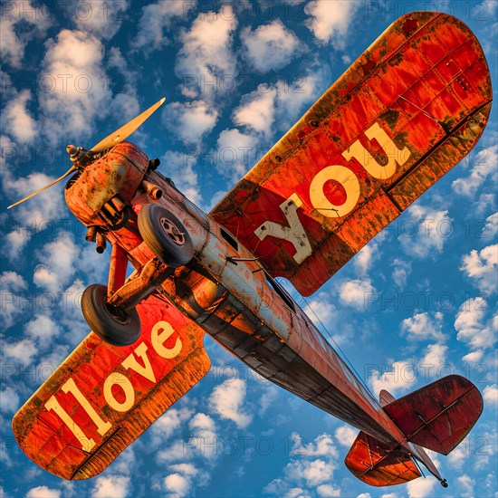 An old red high-wing plane with a radial engine and balloon tyres, I Love You written on the wings, a blue sky with small clouds in the background, AI generated, AI generated