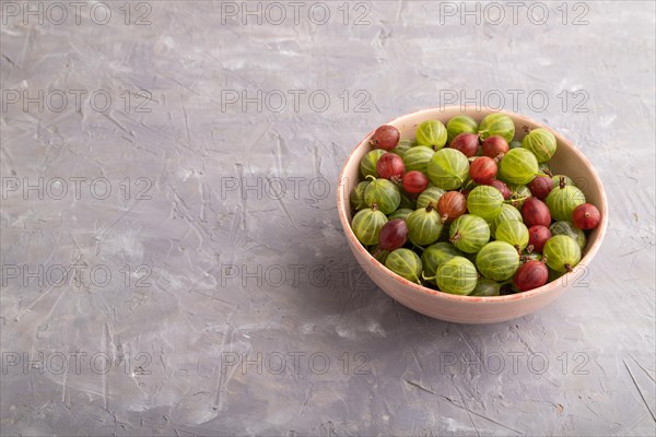 Fresh red and green gooseberry in ceramic bowl on gray concrete background. side view, copy space