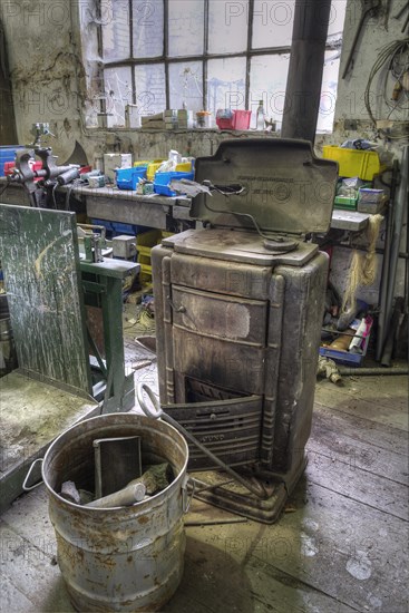 Workshop with coal furnace of a metal powder mill, founded around 1900, Igensdorf, Upper Franconia, Bavaria, Germany, metal, factory, Europe