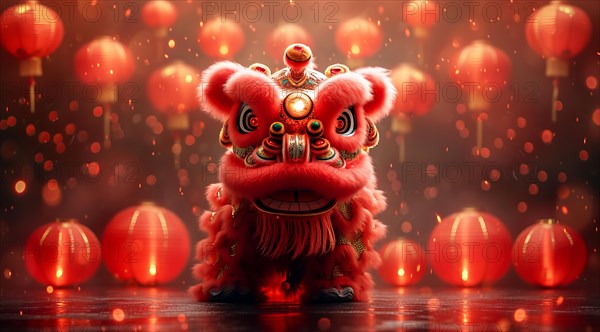 Vibrant lion dance costume with red bokeh lights in the background, AI generated