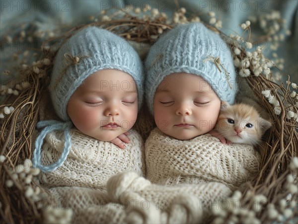 A newborn baby nestled in warm blankets, little cat next to it, ai generated, AI generated