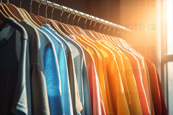 Colorful shirts hanging on clothing rail. KI generiert, AI generated