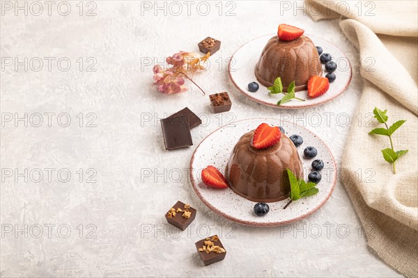 Chocolate jelly with strawberry and blueberry on gray concrete background and linen textile. side view, copy space