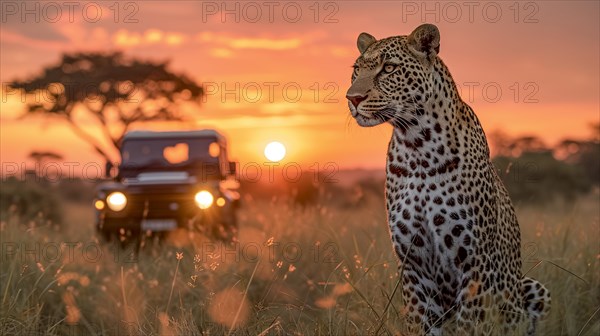 Leopard (Panthera pardus) in natural environment with Jeep, Landrover, AI generated