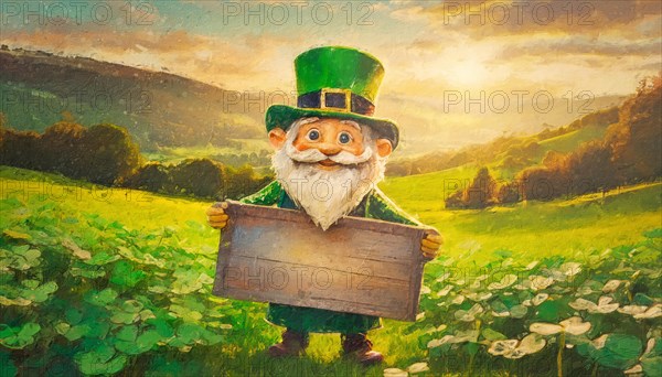 Happy st patrick's day background with an old leprechaun holding a blank wooden board on a green clover field. Funny dwarf Irish character on a shamrock meadow. Generative AI art, AI generated