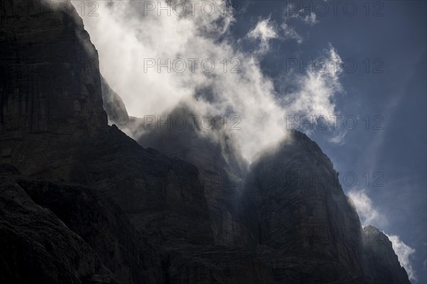 Dolomite peaks in clouds, Corvara, Dolomites, Italy, Europe