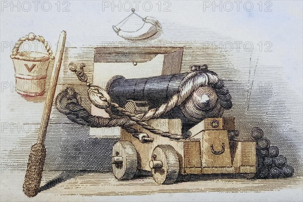Cannon with cannonballs, c. 1810, Illustration from England's Battles at Sea and on Land by Lieutenant-Colonel Williams, Historical, digitally restored reproduction from a 19th century original, Record date not stated