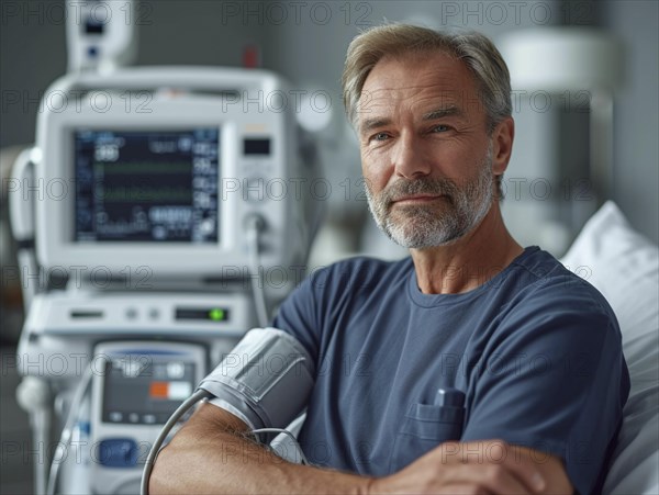 A man checks his blood pressure with a measuring device. Avoidance of bulk hypertension, scarcity, precaution, AI generated