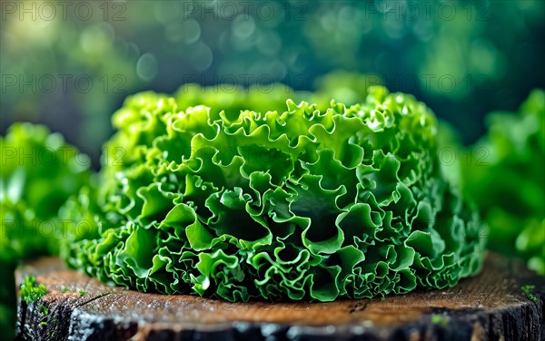 Crisp green lettuce with intricate leaves displayed on a wooden stump, AI generated