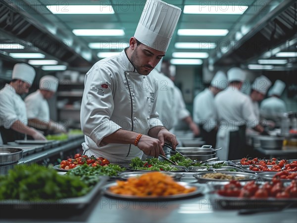 Chefs in a commercial kitchen at work, AI generated